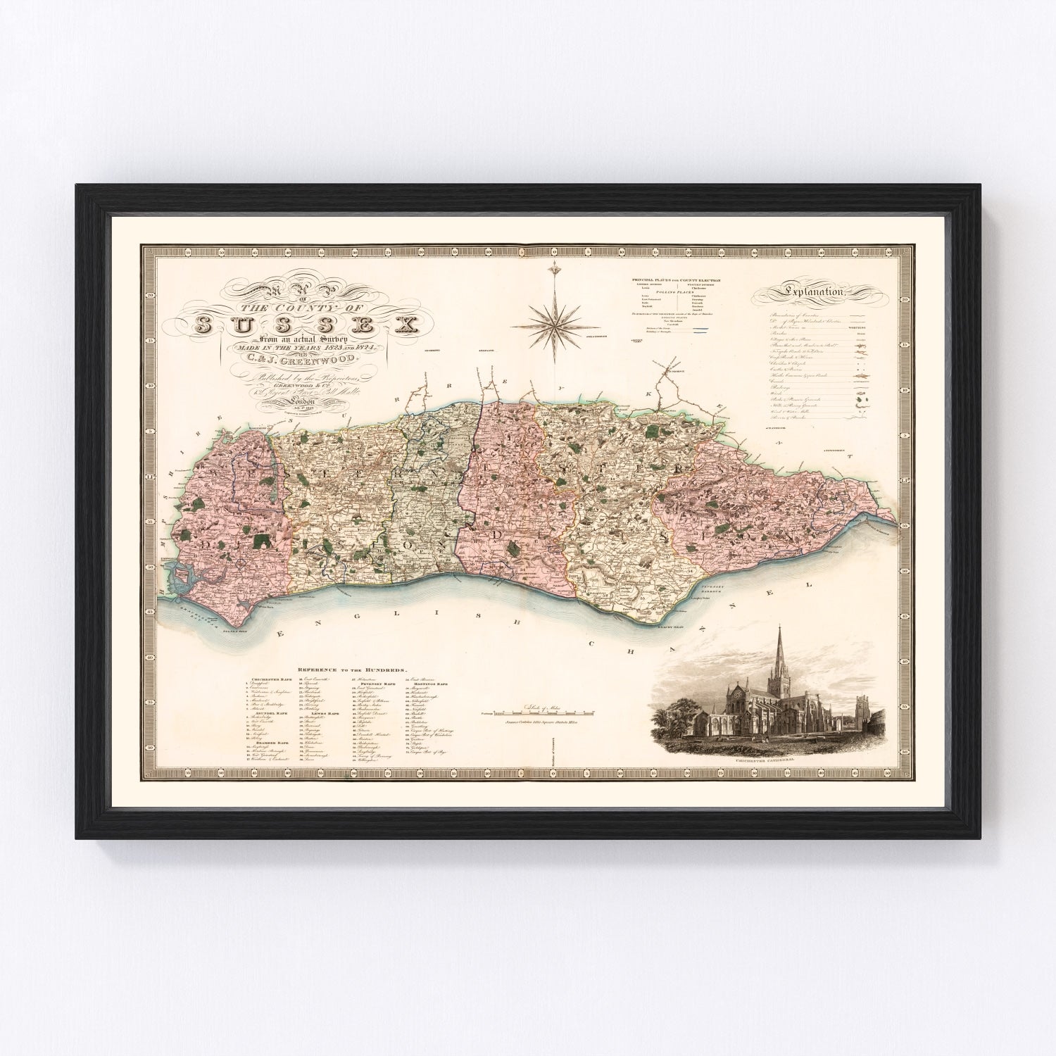 Vintage Map of Sussex England, 1829