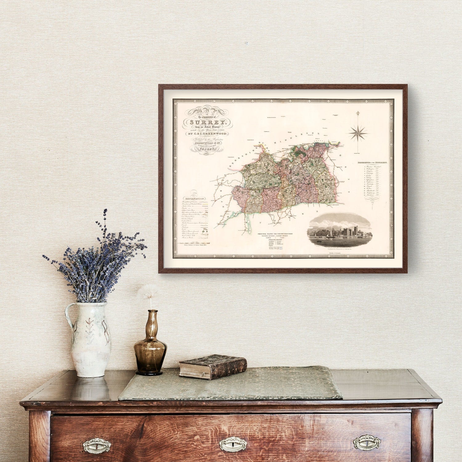 Vintage Map of Surrey England, 1829