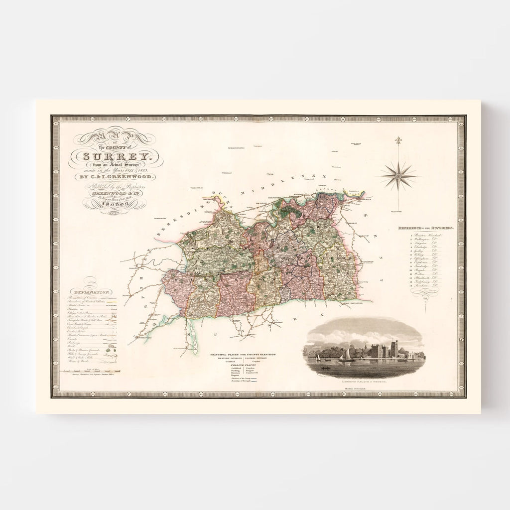 Vintage Map of Surrey England, 1829