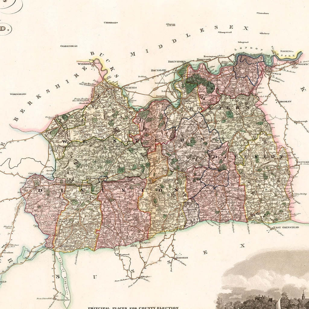 Vintage Map of Surrey England, 1829
