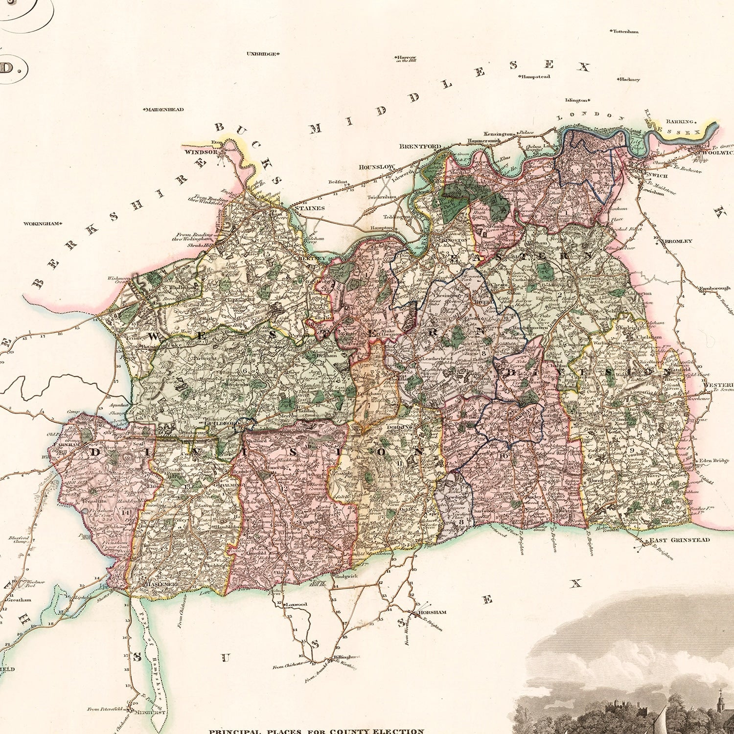 Vintage Map of Surrey England, 1829