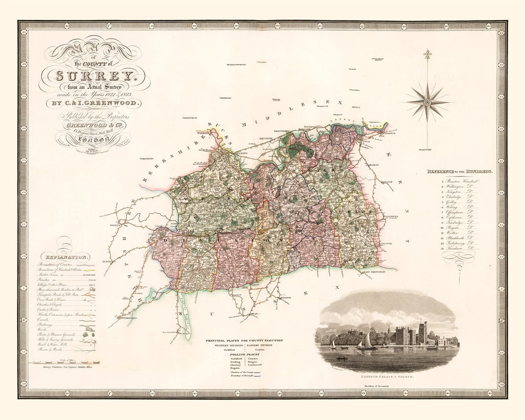 Vintage Map of Surrey England, 1829