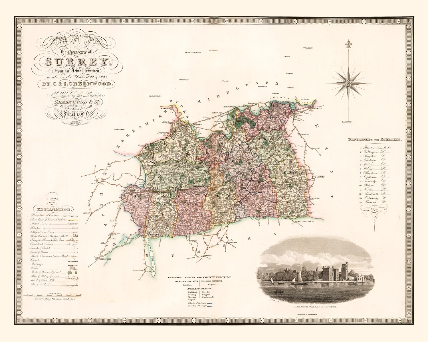 Vintage Map of Surrey England, 1829