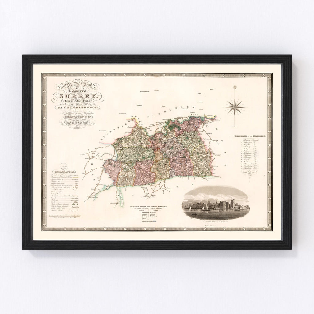 Vintage Map of Surrey England, 1829