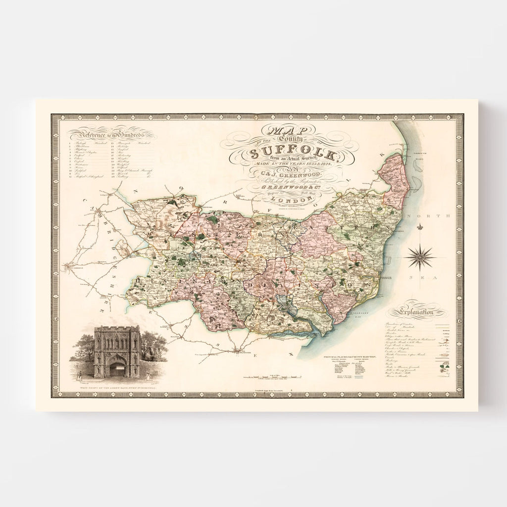 Vintage Map of Suffolk England, 1831