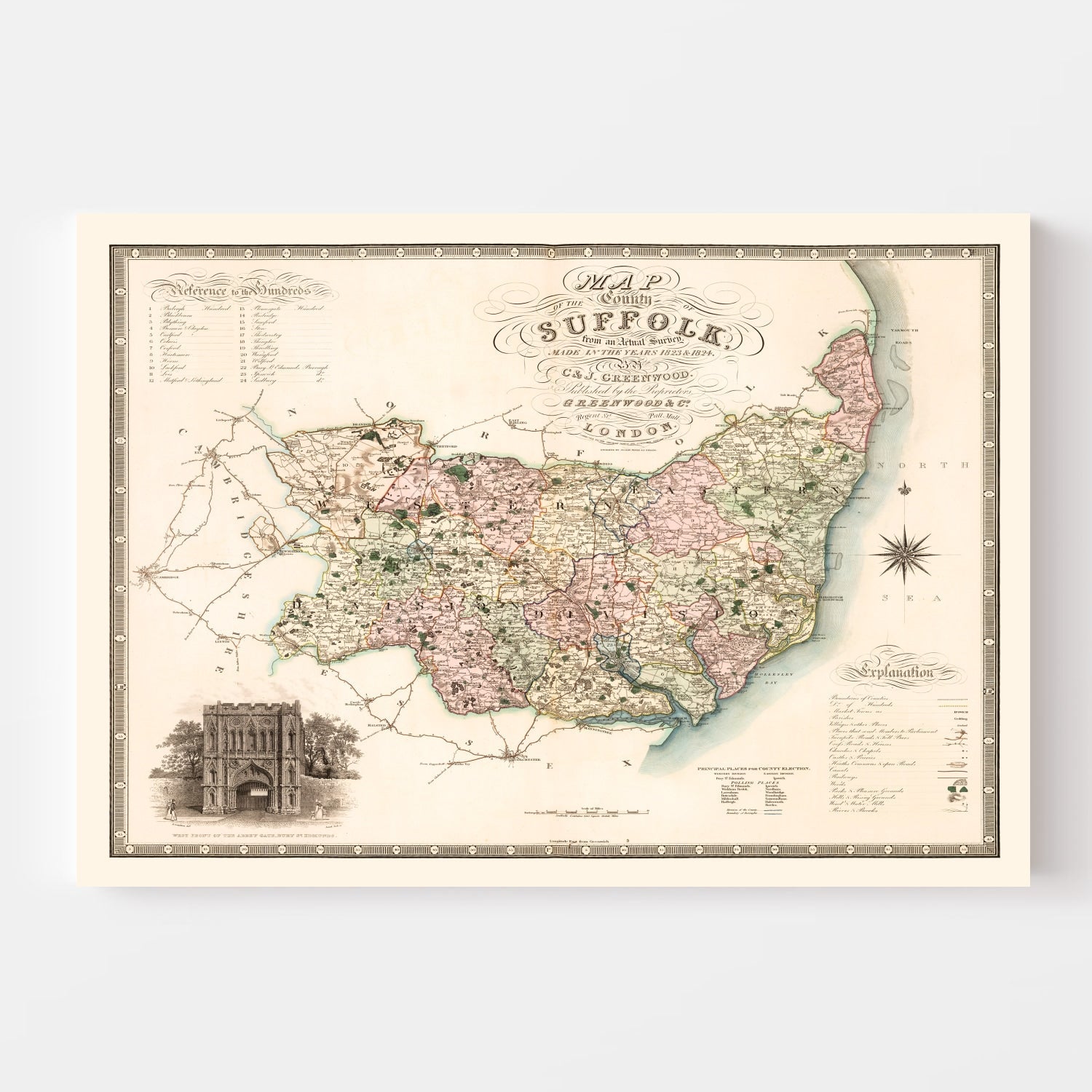Vintage Map of Suffolk England, 1831