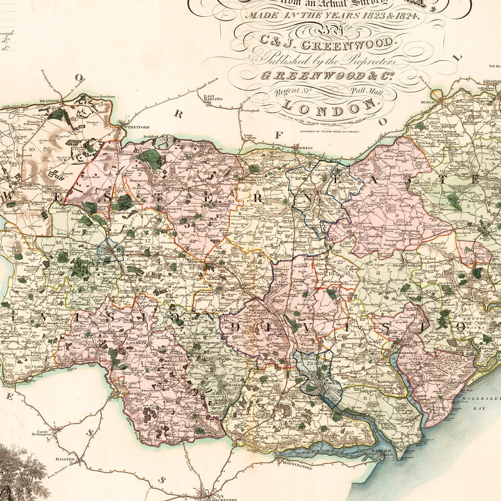 Vintage Map of Suffolk England, 1831