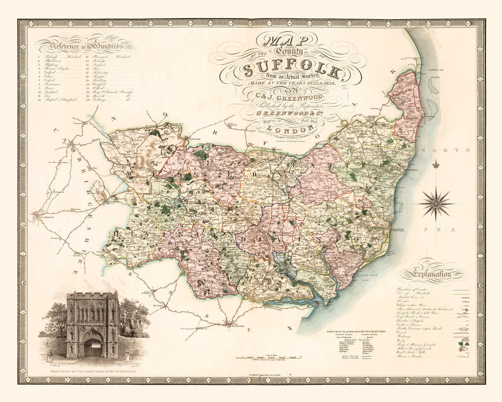 Vintage Map of Suffolk England, 1831