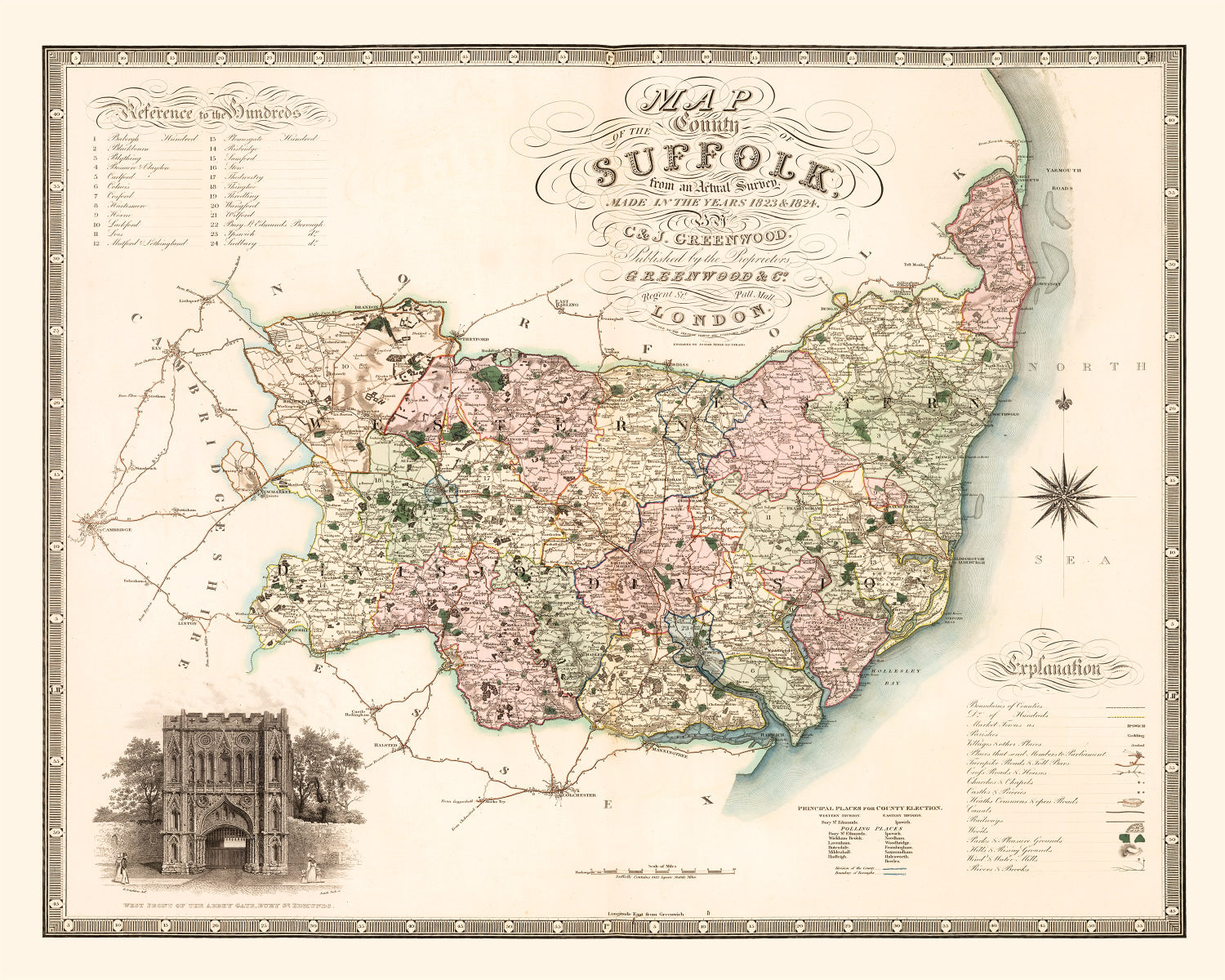 Vintage Map of Suffolk England, 1831