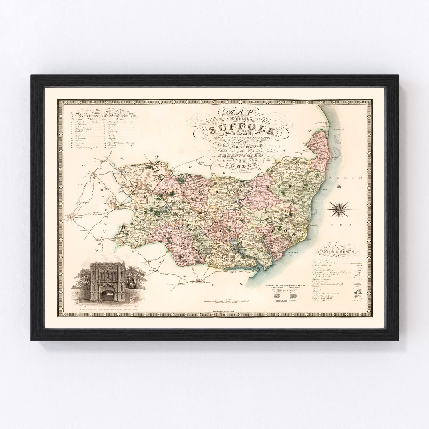 Vintage Map of Suffolk England, 1831