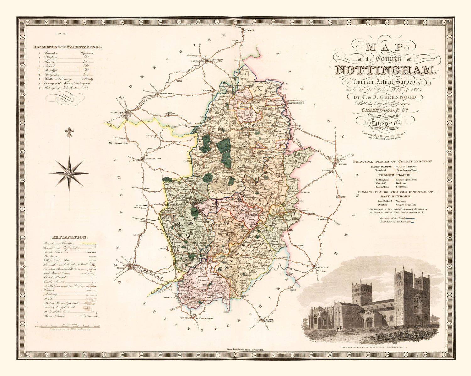 Vintage Map of Nottingham England, 1831