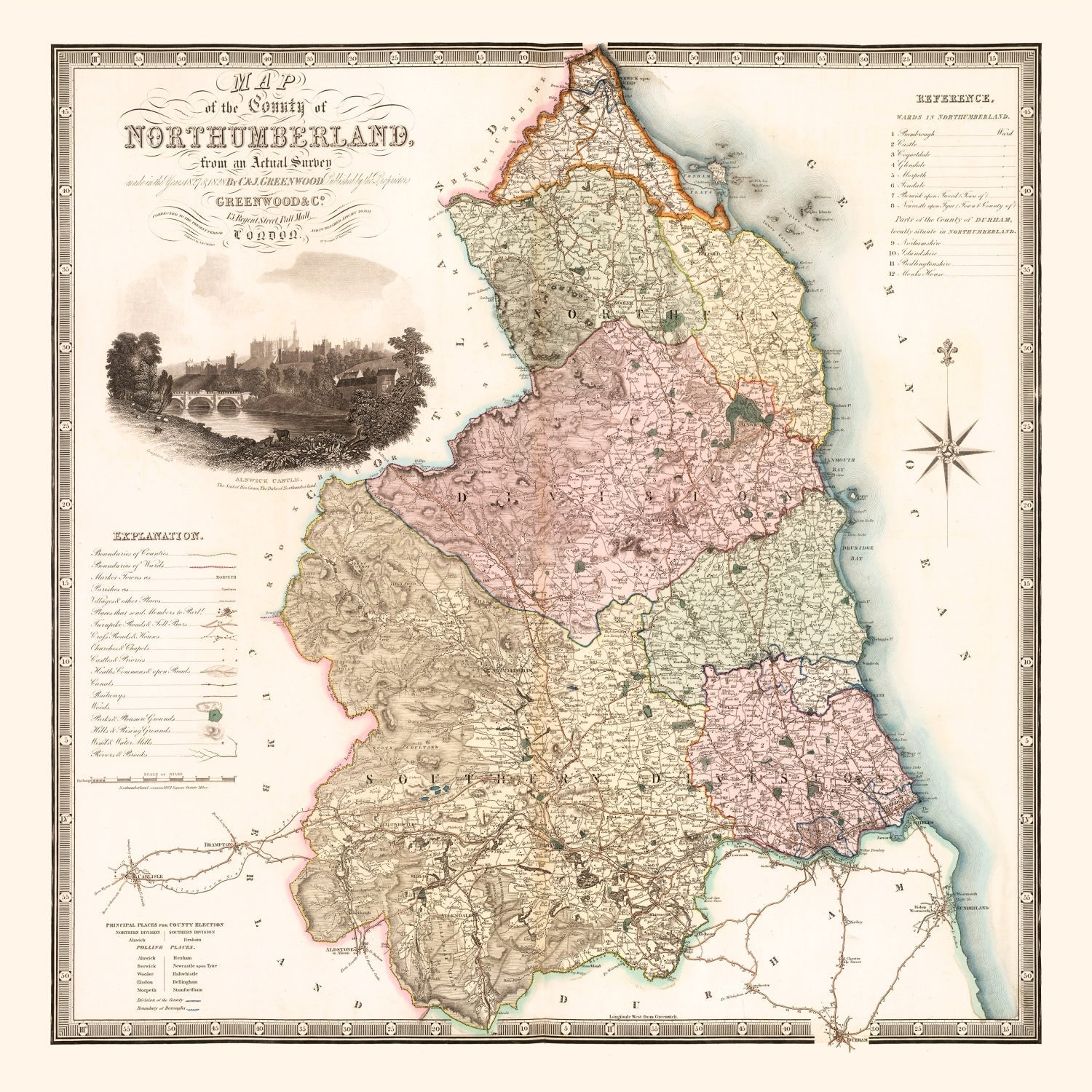 Vintage Map of Northumberland England, 1831
