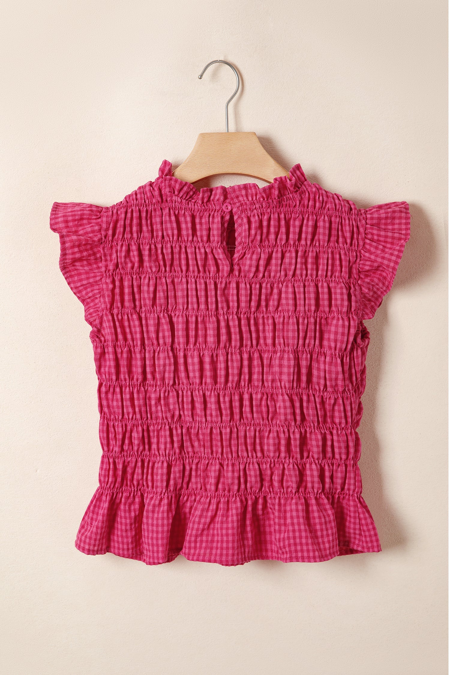 Gingham Plaid Shirred Ruffle Trim Tank Top