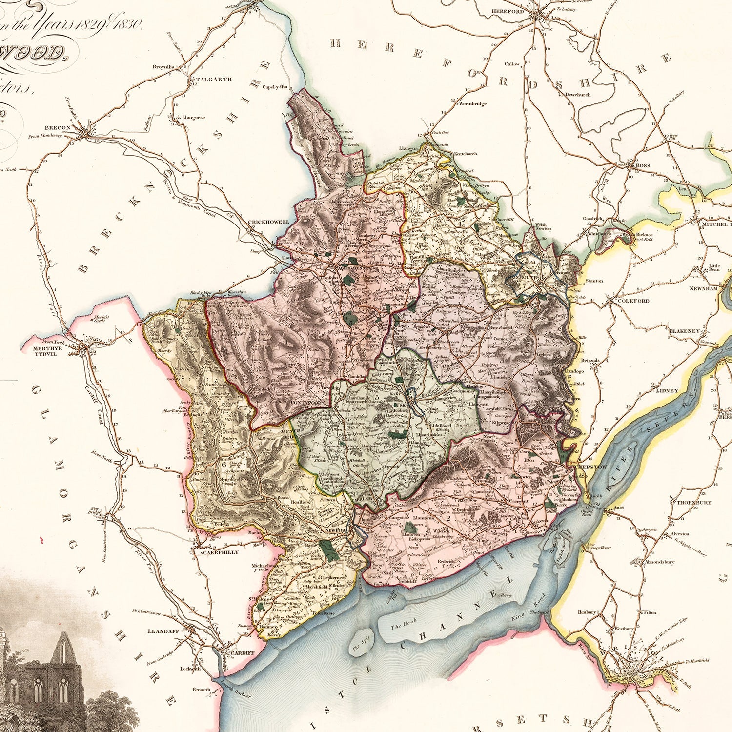 Vintage Map of Monmouth England, 1831