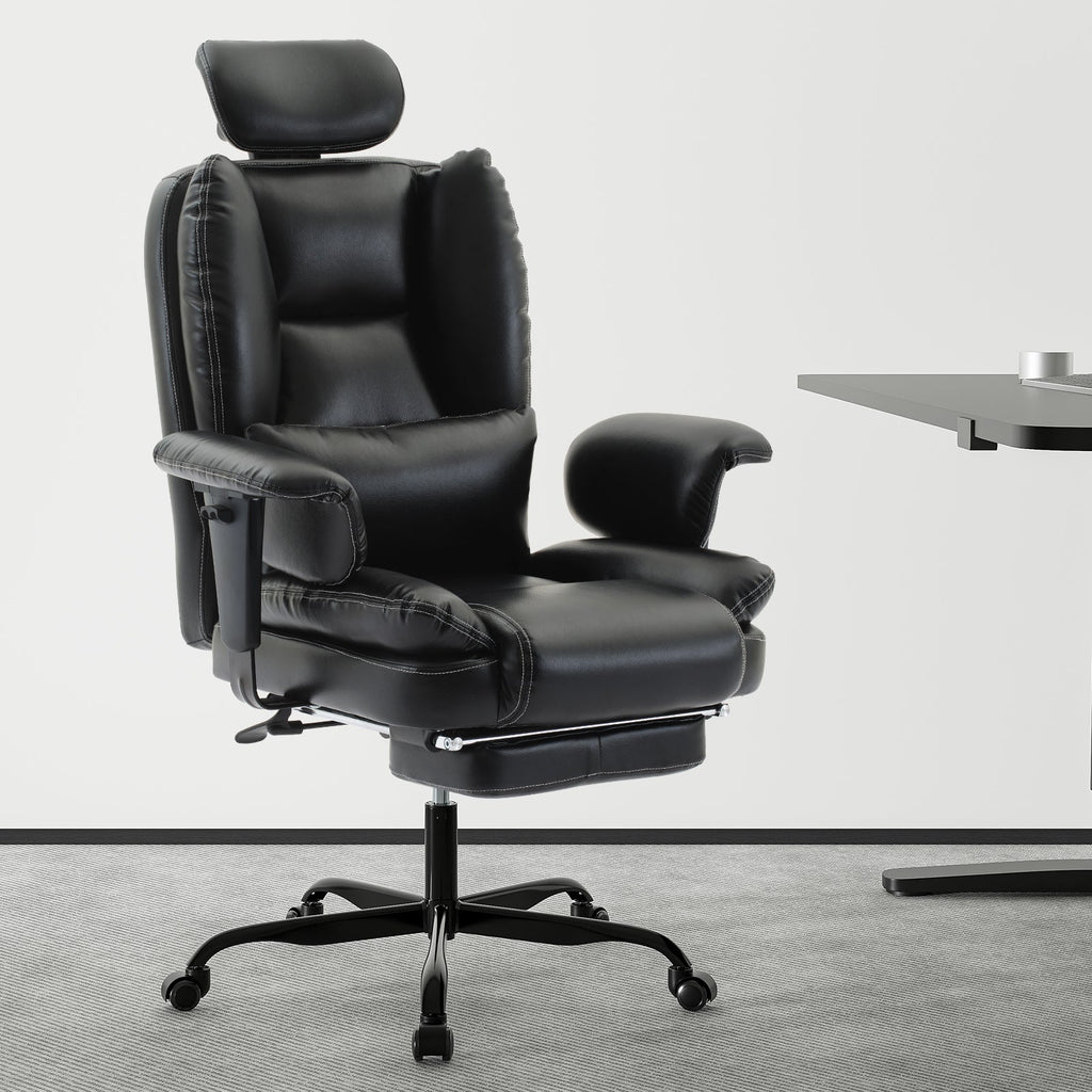 Office Chair Ergonomic 200 kg PU Leather Computer Chair with Lumbar Support and High Backrest, Ergonomic Desk Chair with Liftable Headrest, Black