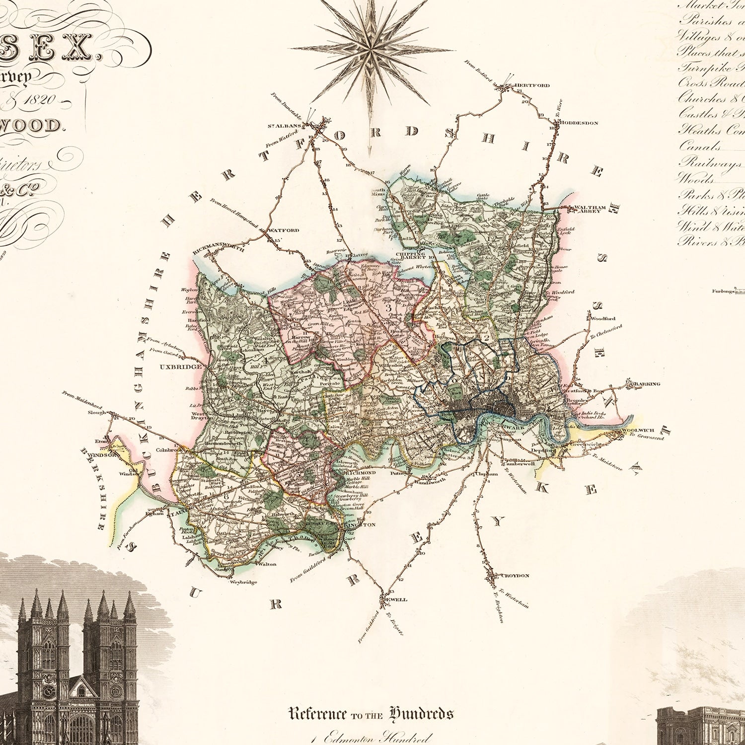 Vintage Map of Middlesex England, 1829