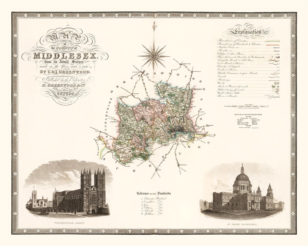 Vintage Map of Middlesex England, 1829