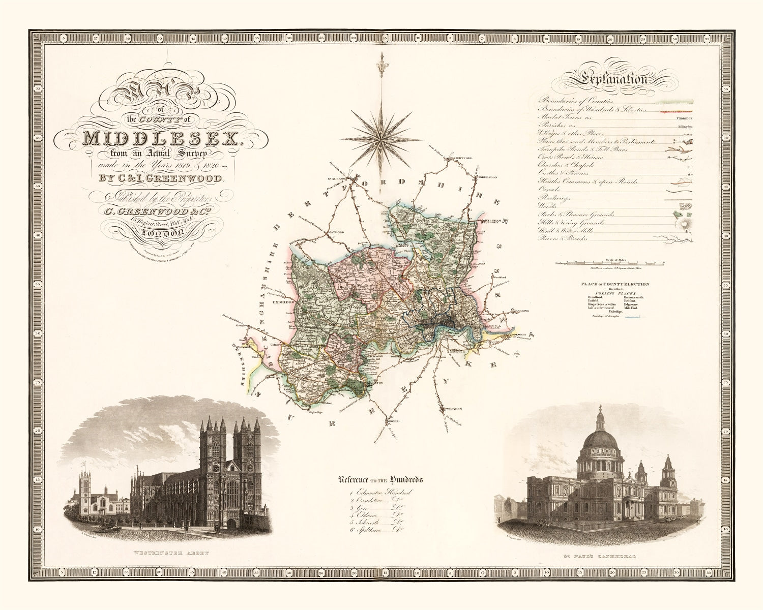 Vintage Map of Middlesex England, 1829