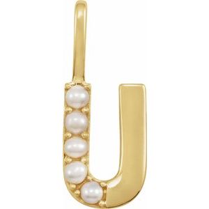 14K Yellow Gold Cultured White Freshwater Pearl Initial U Charm/Pendant