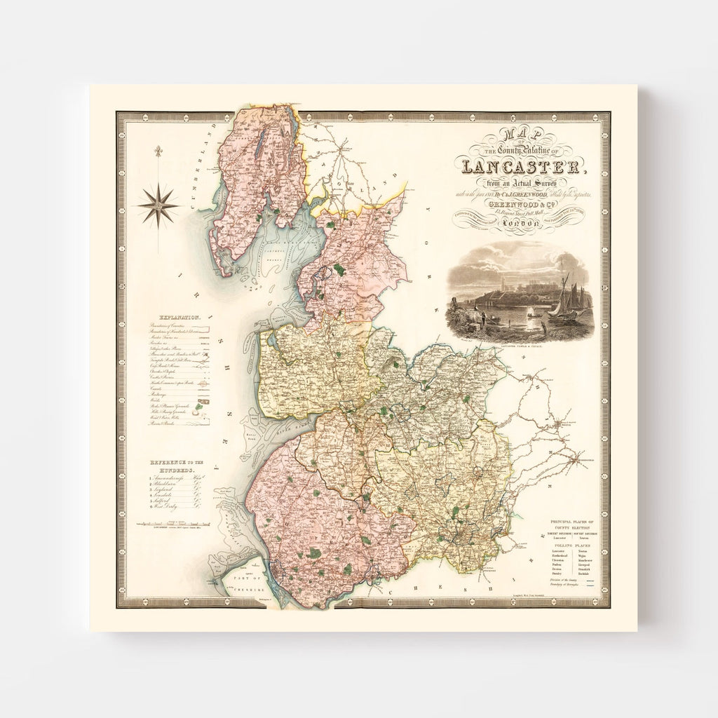 Vintage Map of Map of the county palatine of Lancaster England, 1830