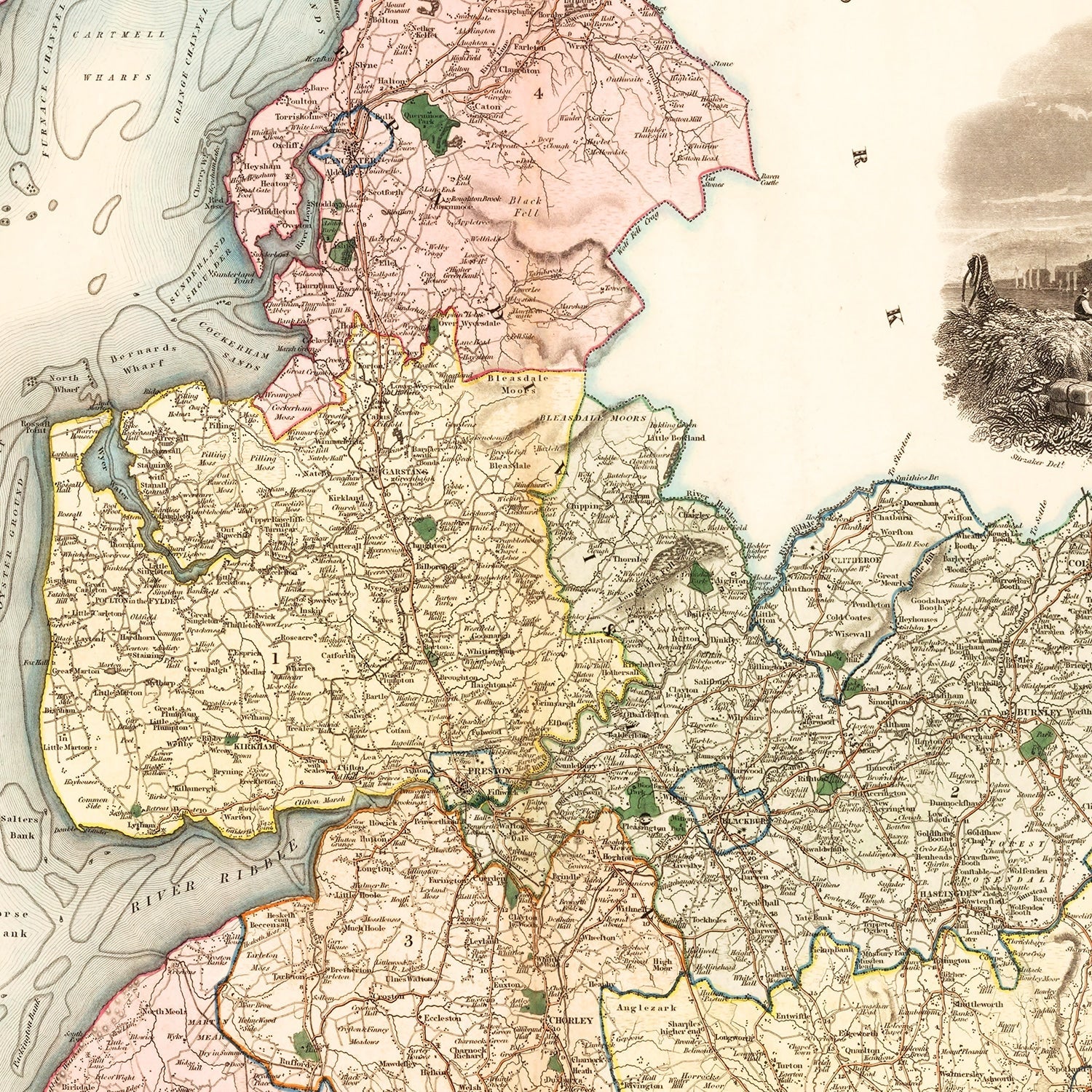 Vintage Map of Map of the county palatine of Lancaster England, 1830