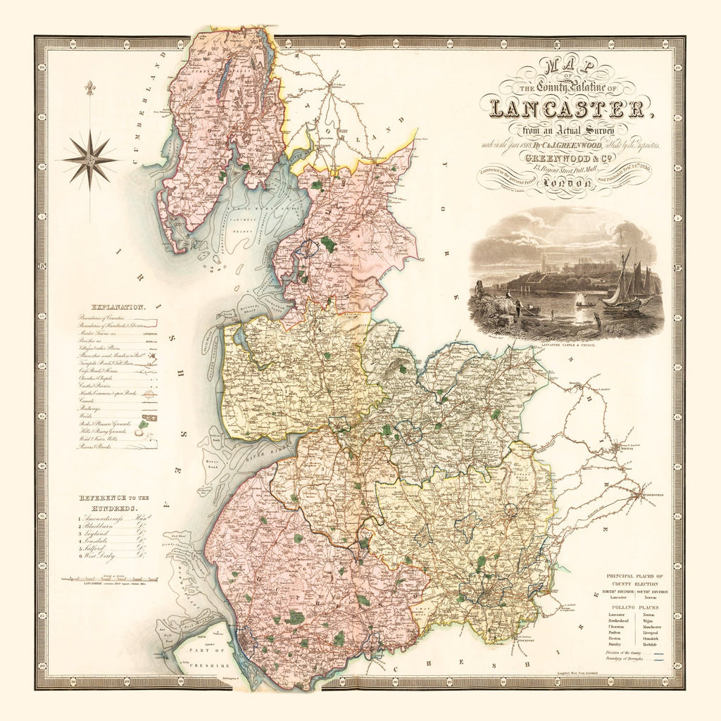 Vintage Map of Map of the county palatine of Lancaster England, 1830