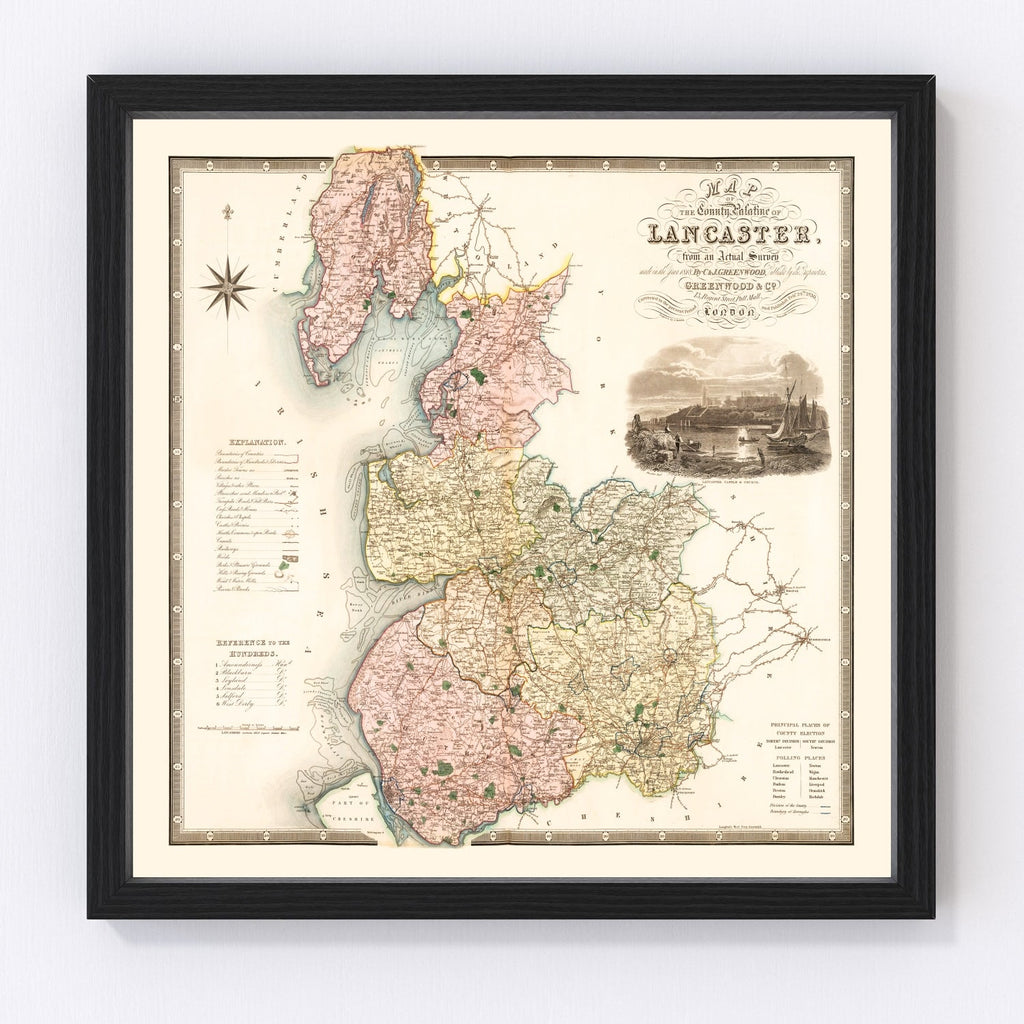 Vintage Map of Map of the county palatine of Lancaster England, 1830