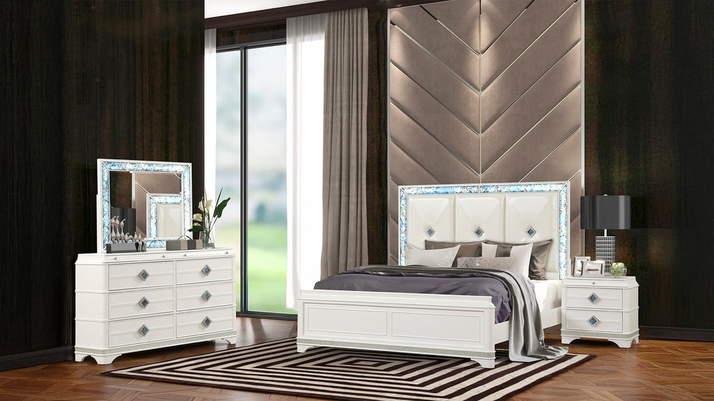 Laguna Modern Style 4 Pc King Upholstered Bedroom Set Made with Wood and Crystal Accents in White(NJ INVENTORY)