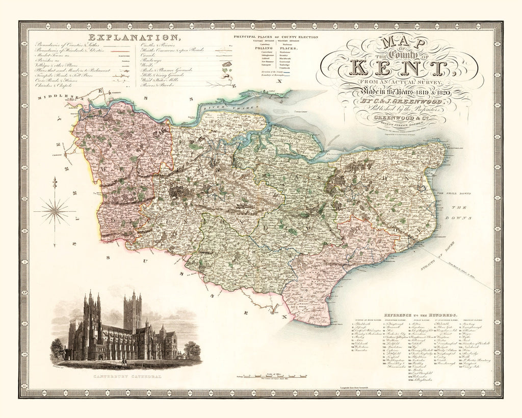Vintage Map of Kent England, 1829