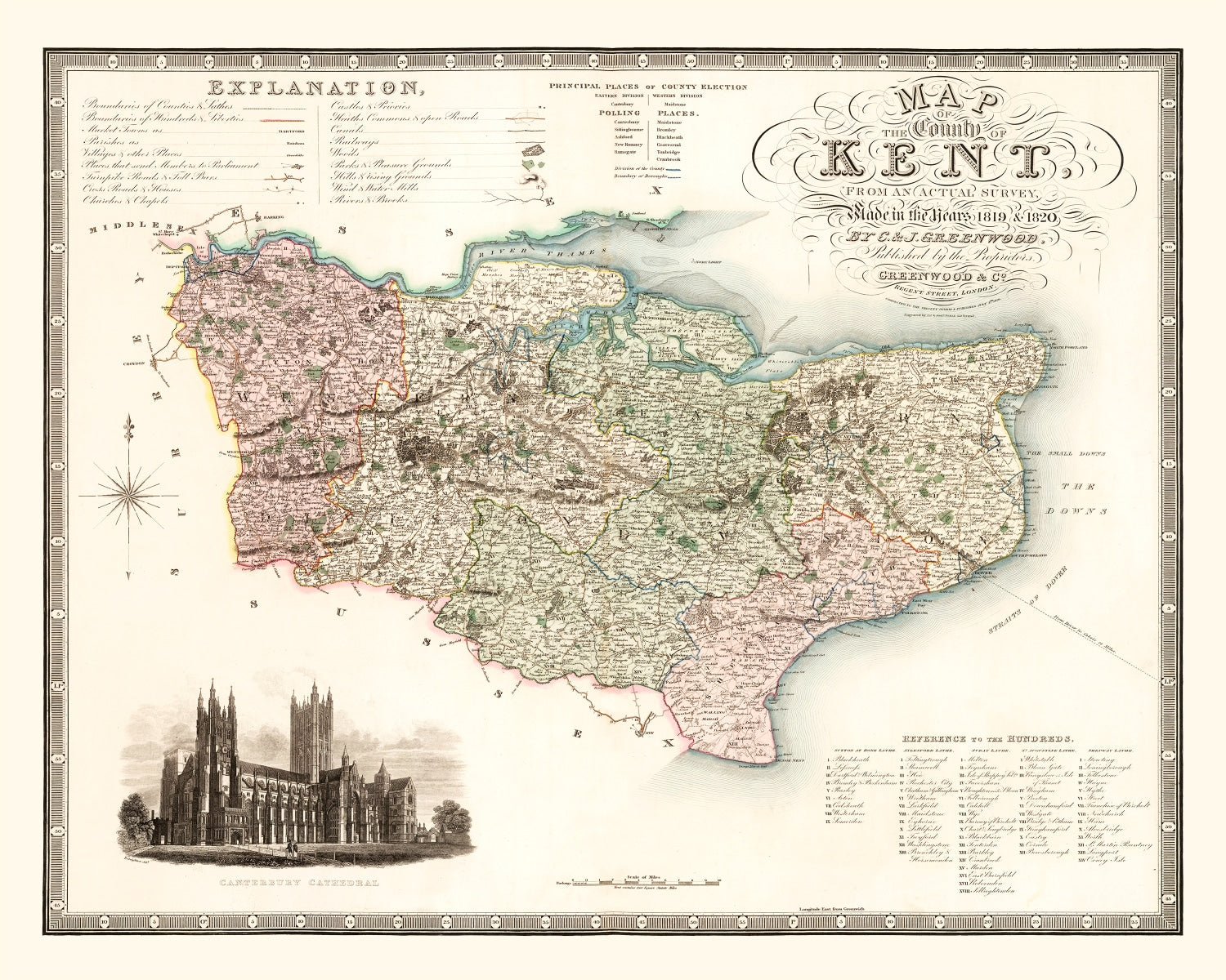Vintage Map of Kent England, 1829