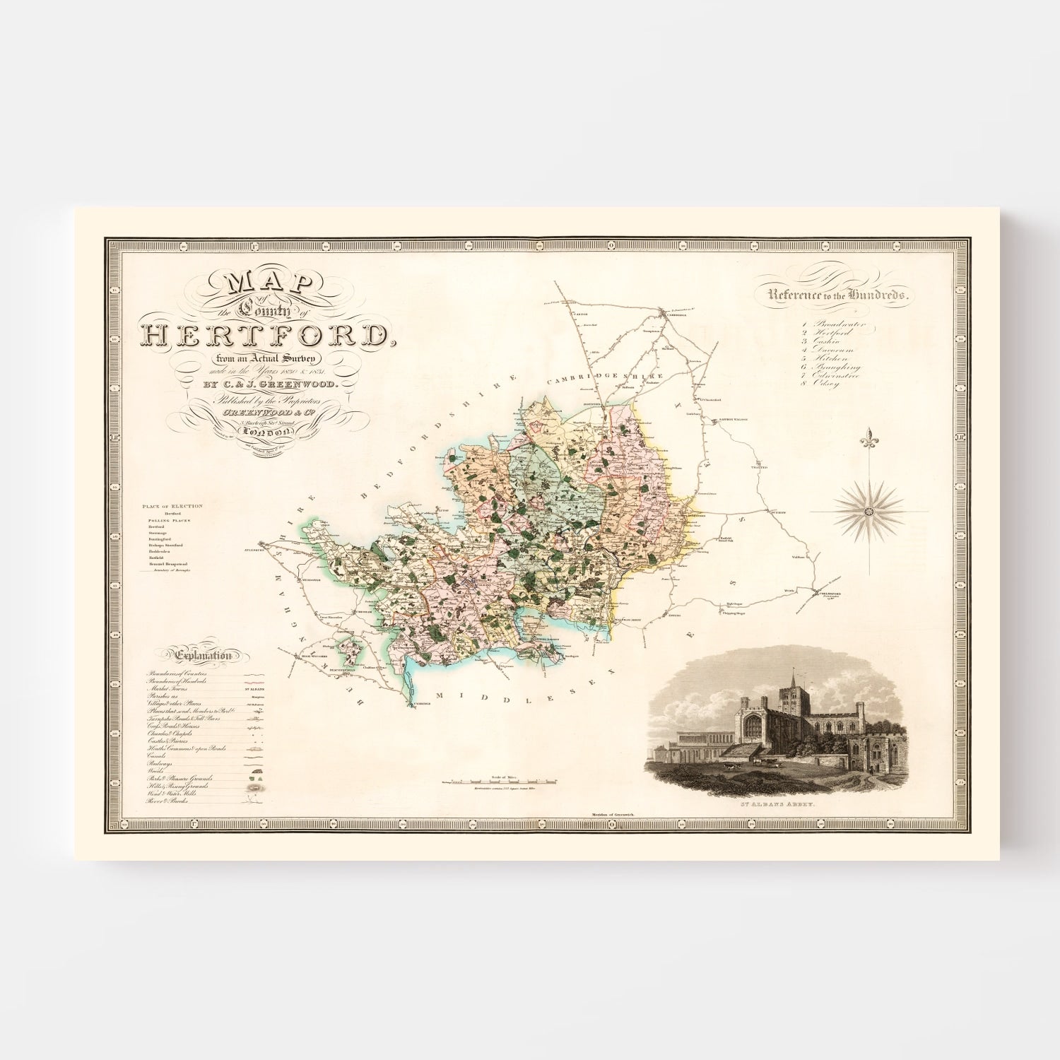 Vintage Map of Hertford England, 1834