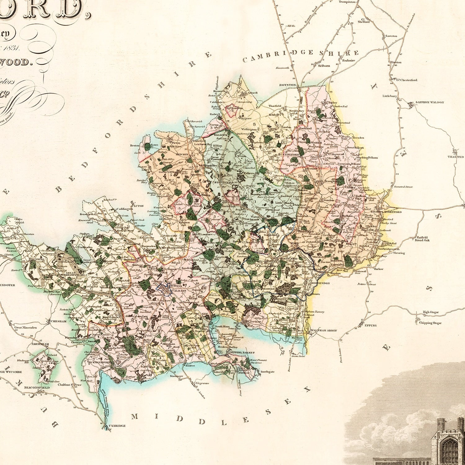 Vintage Map of Hertford England, 1834