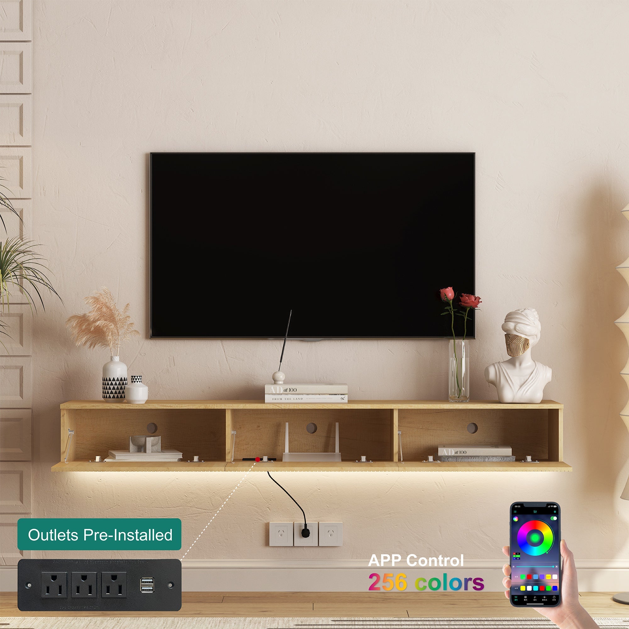 Floating TV Stand Wall Mounted with 16 Color LEDs,69' Modern TV Stand, Floating TV Cabinet Entertainment Center for 55 60 65 Inch TV