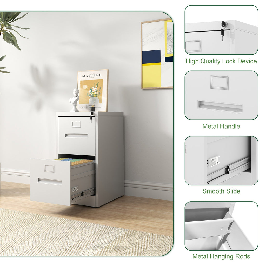 Premium 2 Drawer File Cabinet with Lock, Metal Vertical Design, A4 Legal/Letter Size, White Steel, Compact Dimensions
