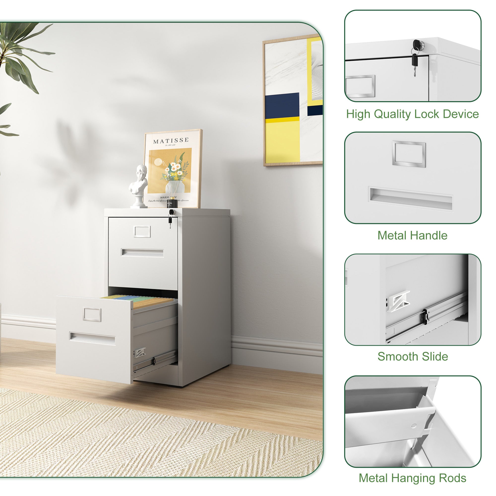 Premium 2 Drawer File Cabinet with Lock, Metal Vertical Design, A4 Legal/Letter Size, White Steel, Compact Dimensions