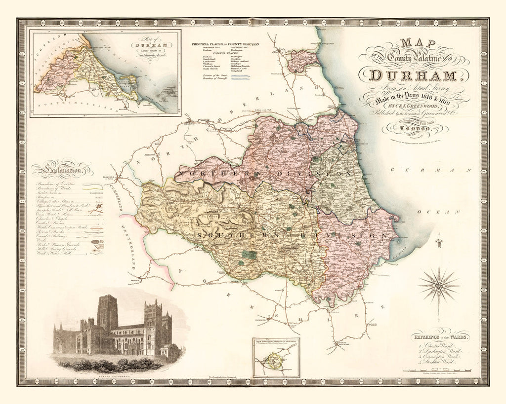 Vintage Map of Map of the County Palatine of Durham England, 1831