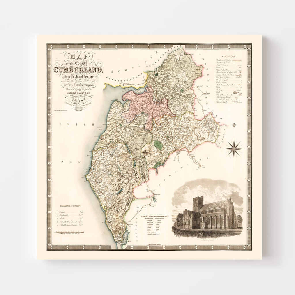 Vintage Map of Cumberland England, 1830