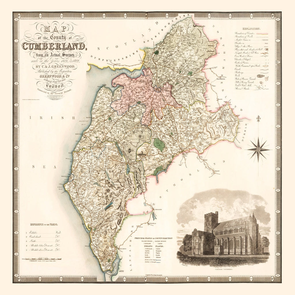 Vintage Map of Cumberland England, 1830