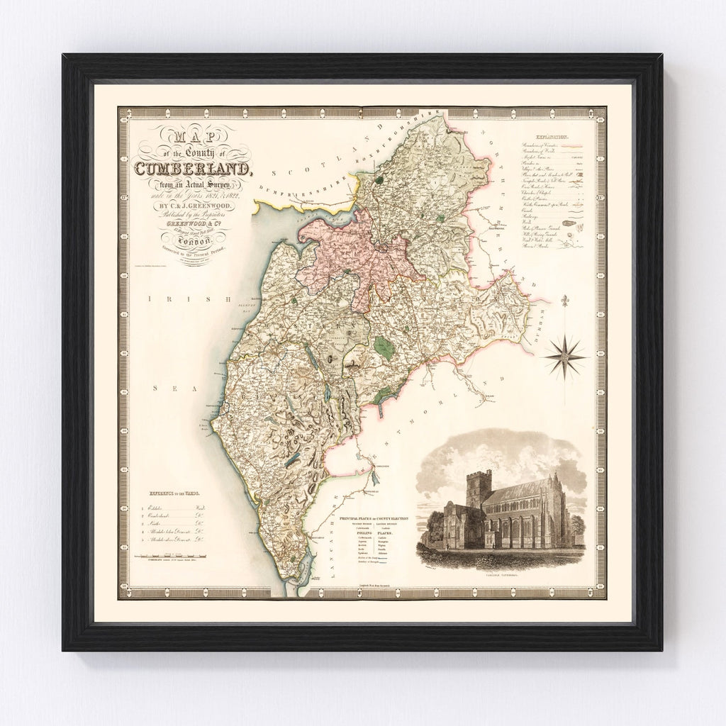 Vintage Map of Cumberland England, 1830
