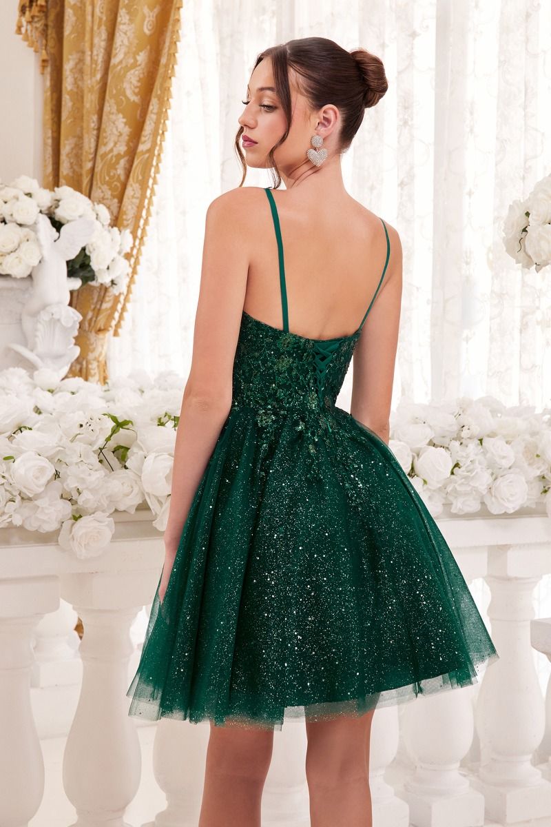 A-Line Floral Details Babydoll Embellushed Glitter Short Cocktail Dress CD9245