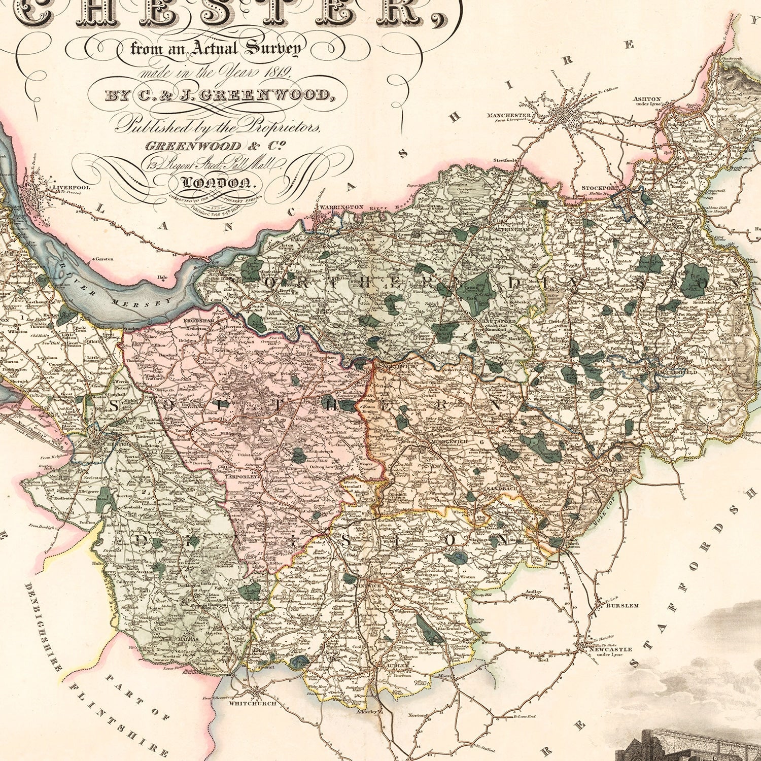 Vintage Map of Map of the county palatine of Chester England, 1830