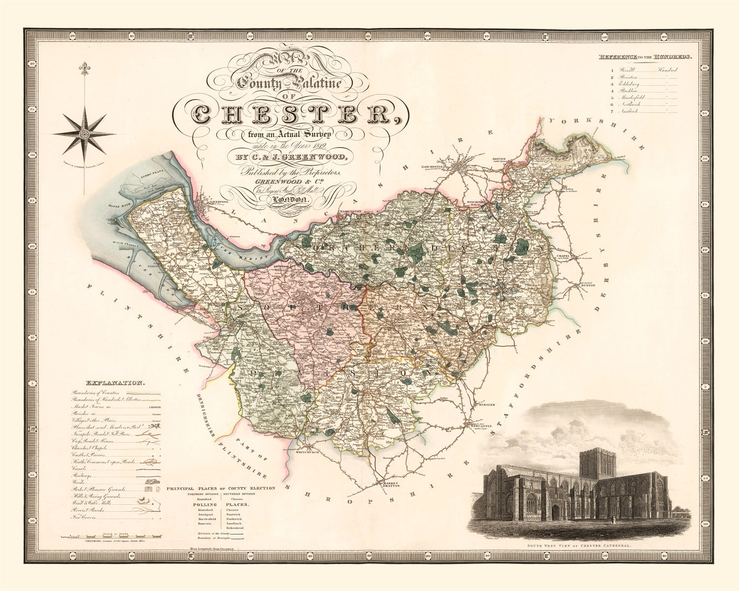 Vintage Map of Map of the county palatine of Chester England, 1830