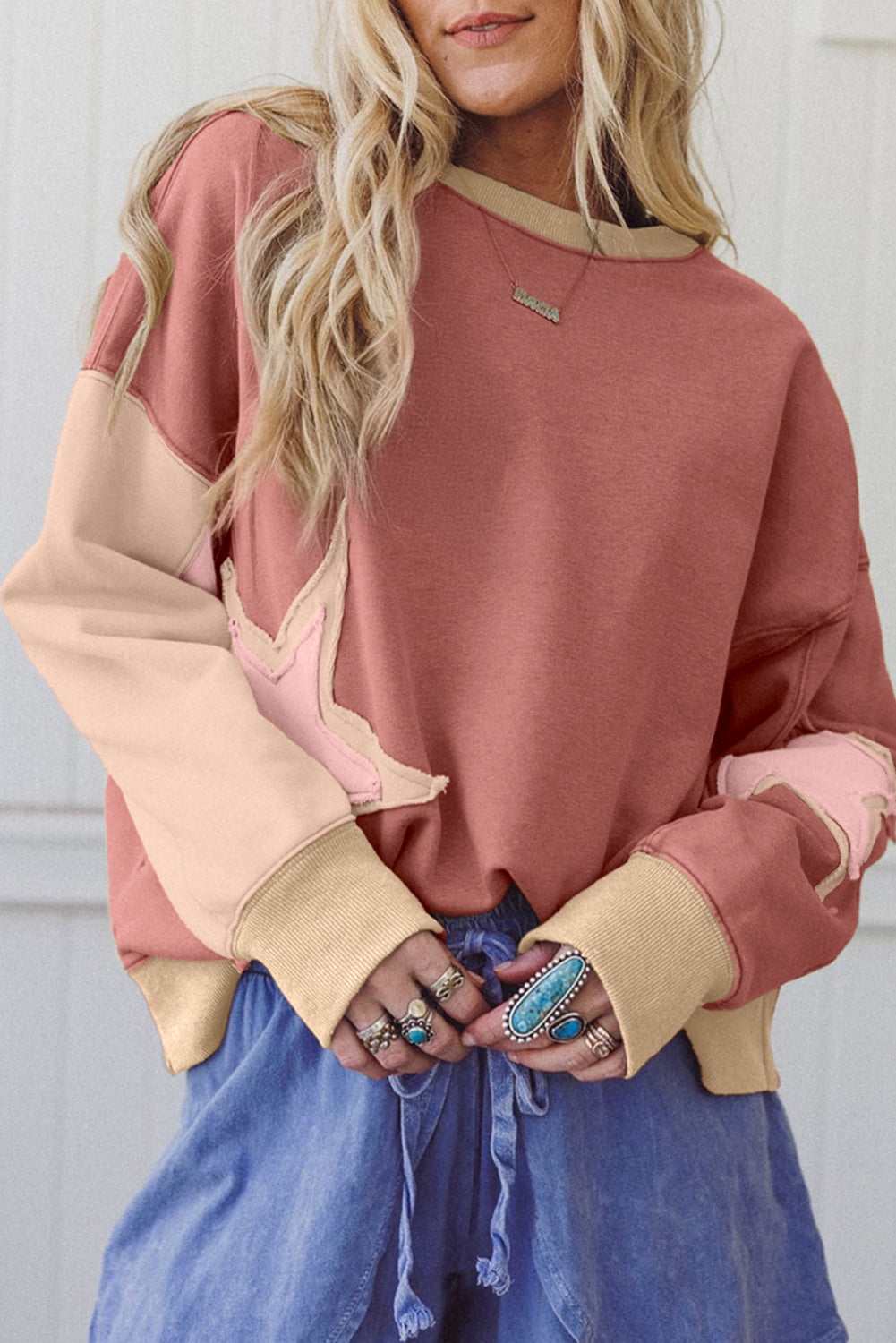Rose Pink Star Patchwork Sweatshirt With Uneven Hem Design