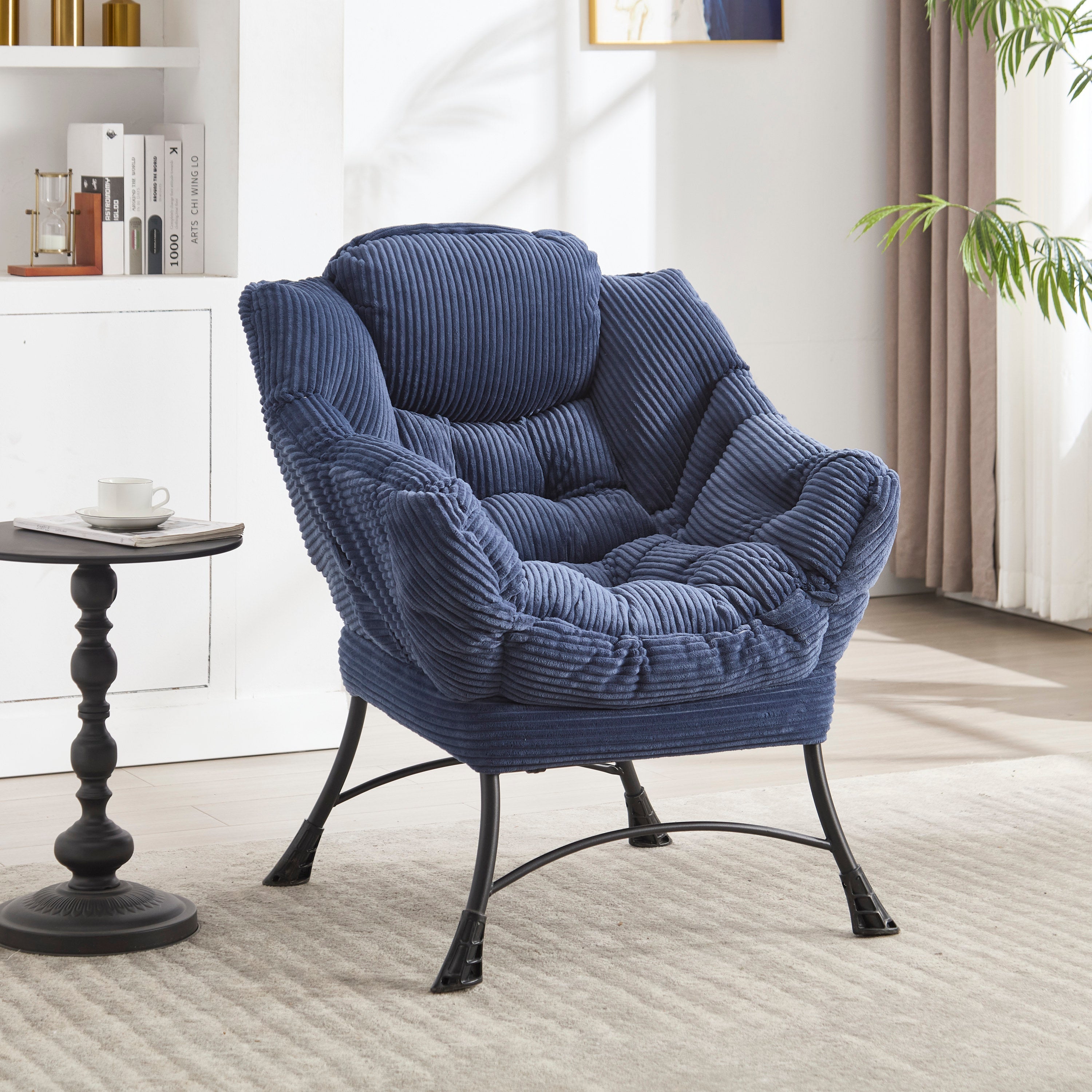 Lazy Chair with Ottoman, Modern Lounge Accent Chair with Armrests and a Side Pocket, Leisure Upholstered Sofa Chair Reading Chair with Footrest for Small Space, Corner Chair-Navy blue