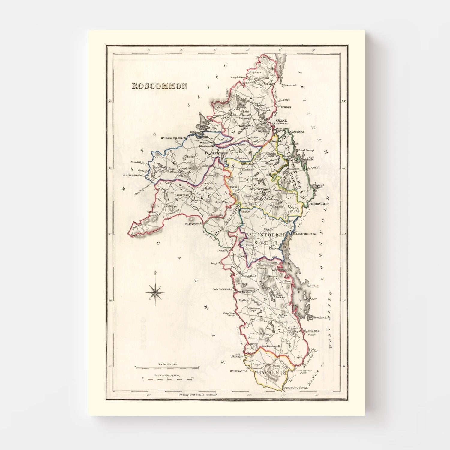 Vintage Map of Roscommon County Ireland, 1846