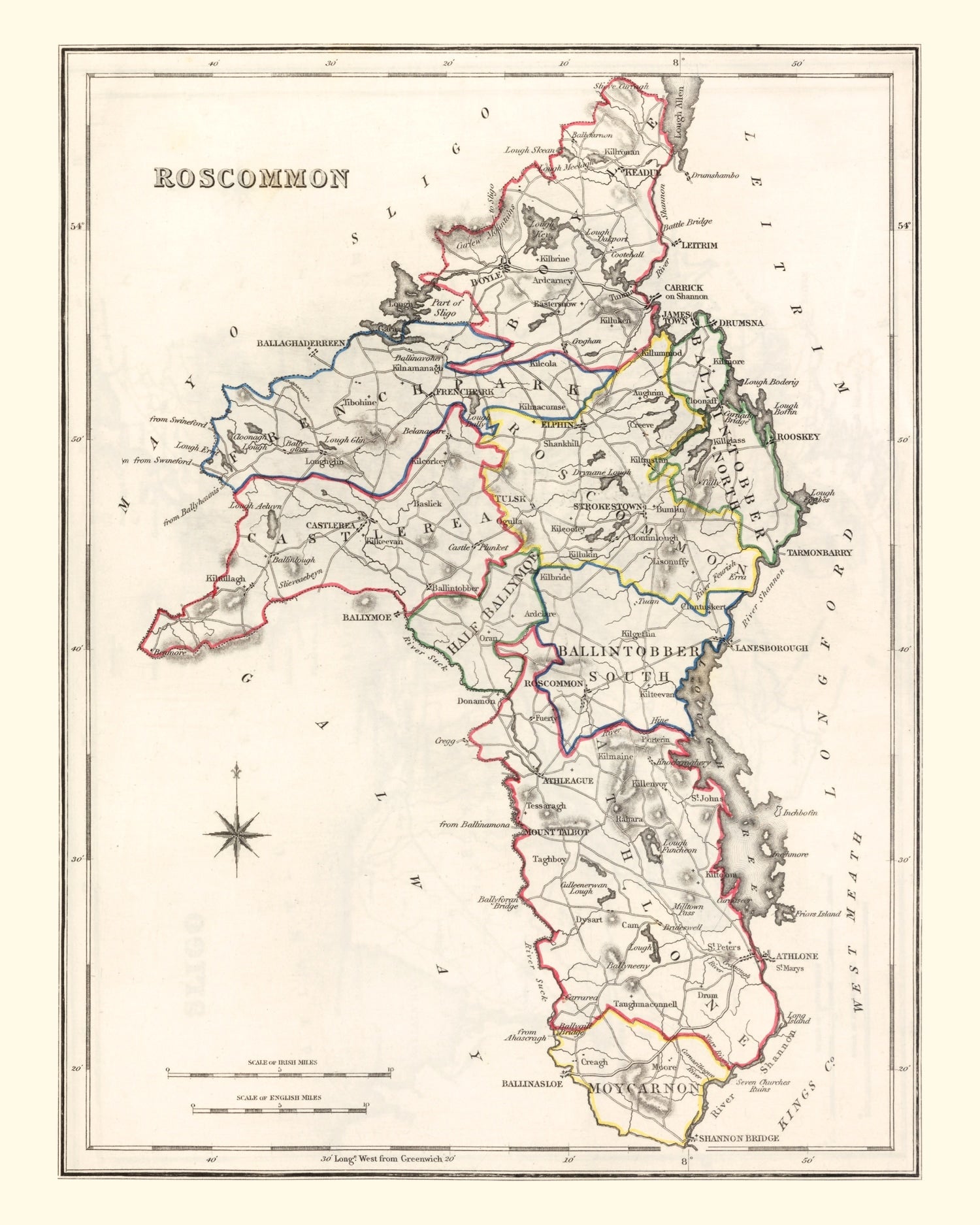 Vintage Map of Roscommon County Ireland, 1846