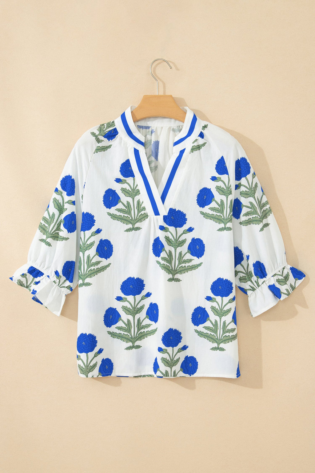 Flower Contrast V-Neck 3/4 Sleeve Blouse