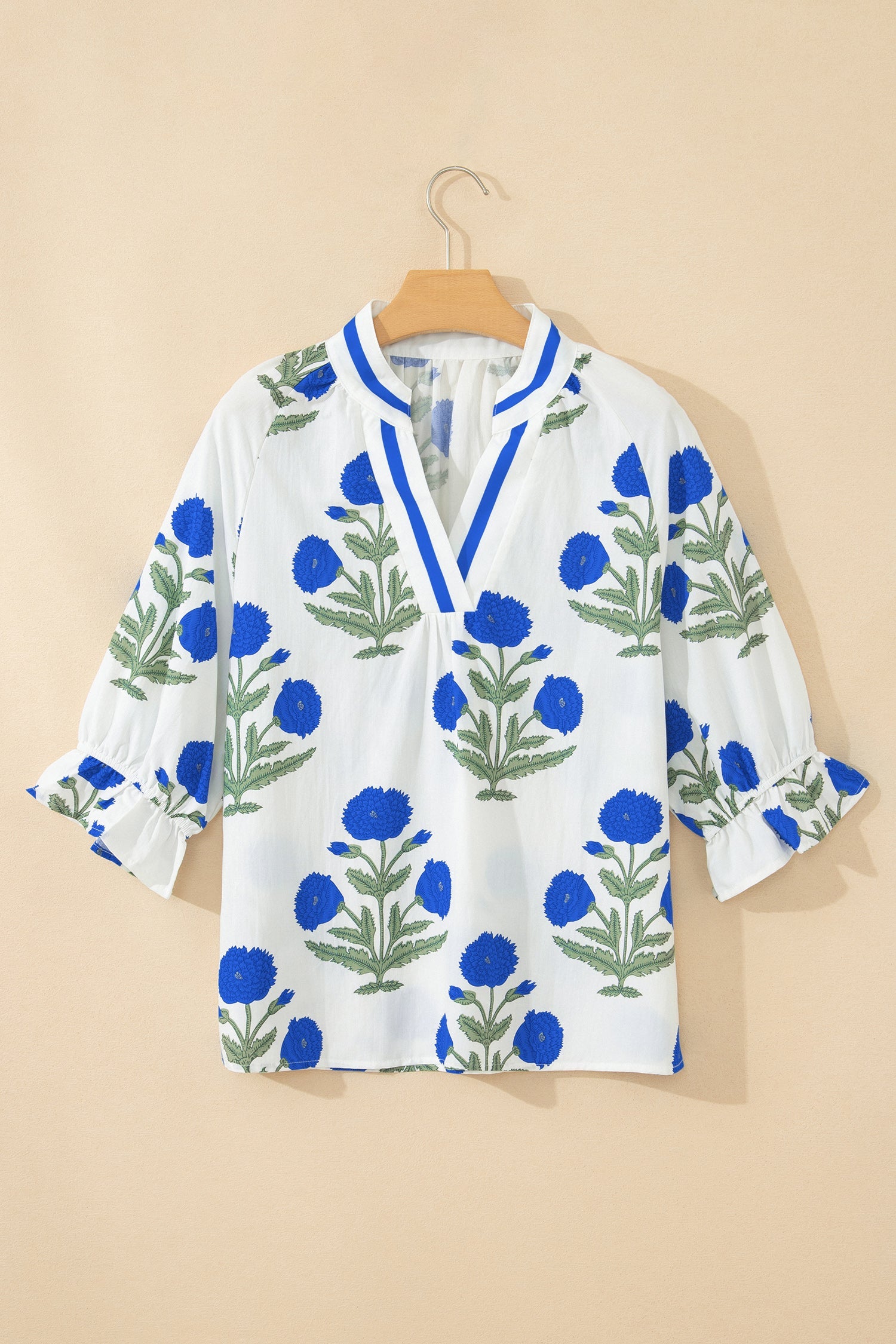 Flower Contrast V-Neck 3/4 Sleeve Blouse