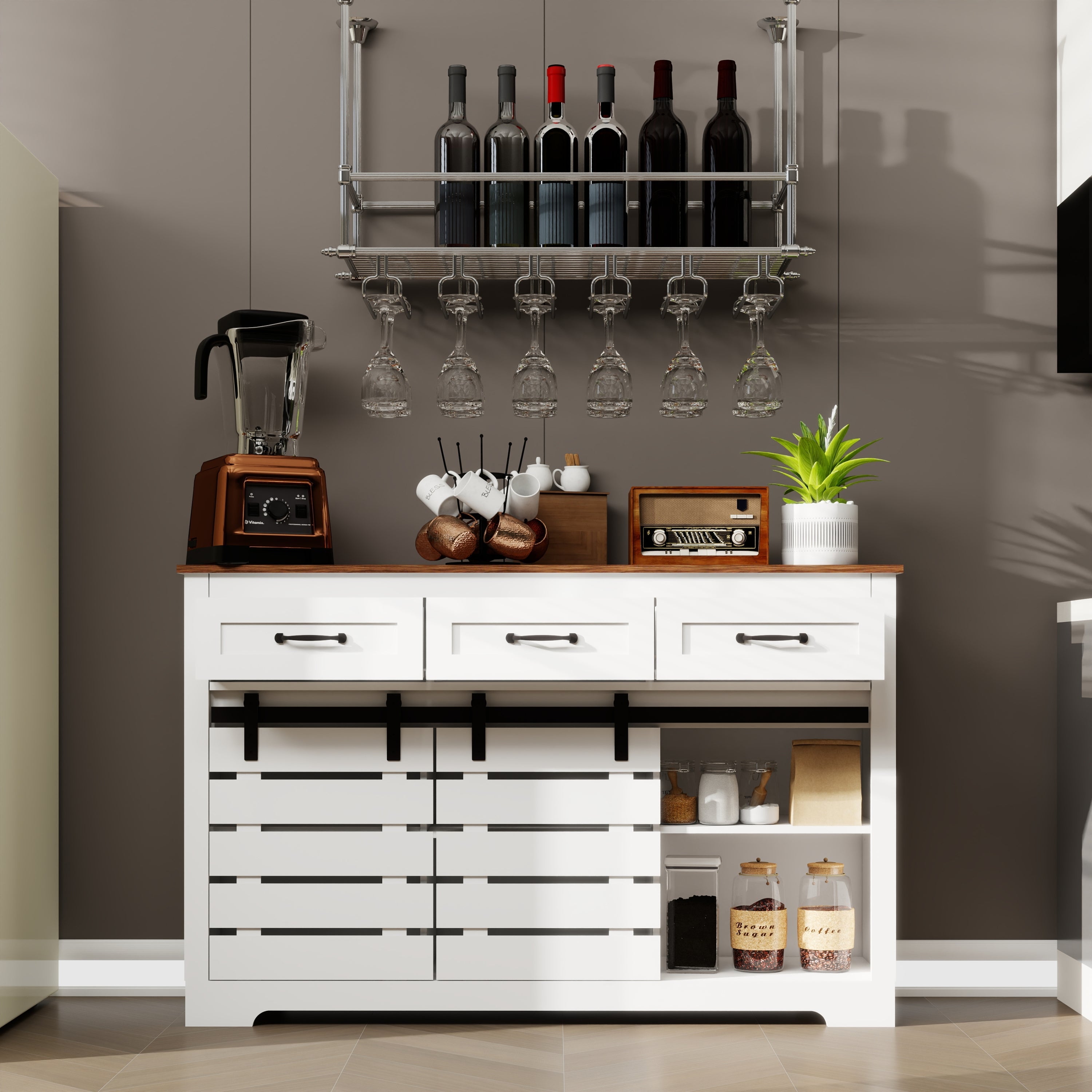 53' Farmhouse Sideboard Buffet Storage Cabinet with 3 Drawers, 2 Sliding Barn Doors, 2 Adjustable Shelves, Coffee Bar Cabinet for Kitchen, Living Room, Dining Room-White