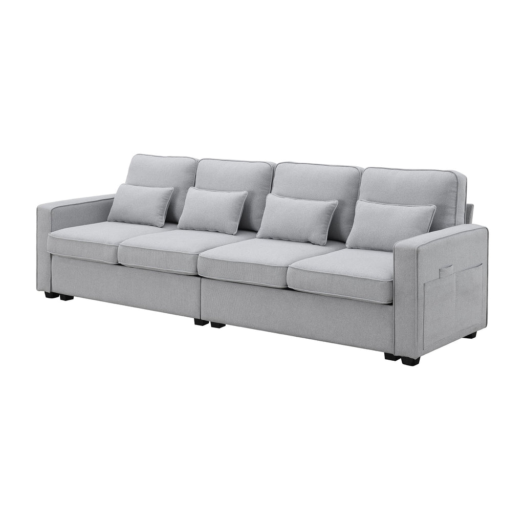 [VIDEO provided] [New] 104' 4-Seater Modern Linen Fabric Sofa with Armrest Pockets and 4 Pillows,Minimalist Style Couch for Living Room, Apartment, Office,3 Colors